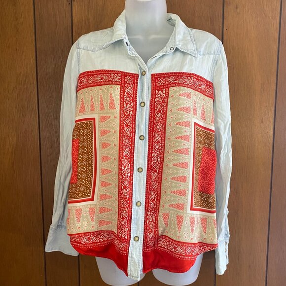 Lucky‎ Brand Shirt Women's M Blue Red Patchwork Pearl Snap Western Rodeo Cowboy - Picture 1 of 9